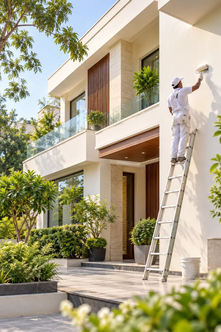 Painter refreshing the exterior of a modern home